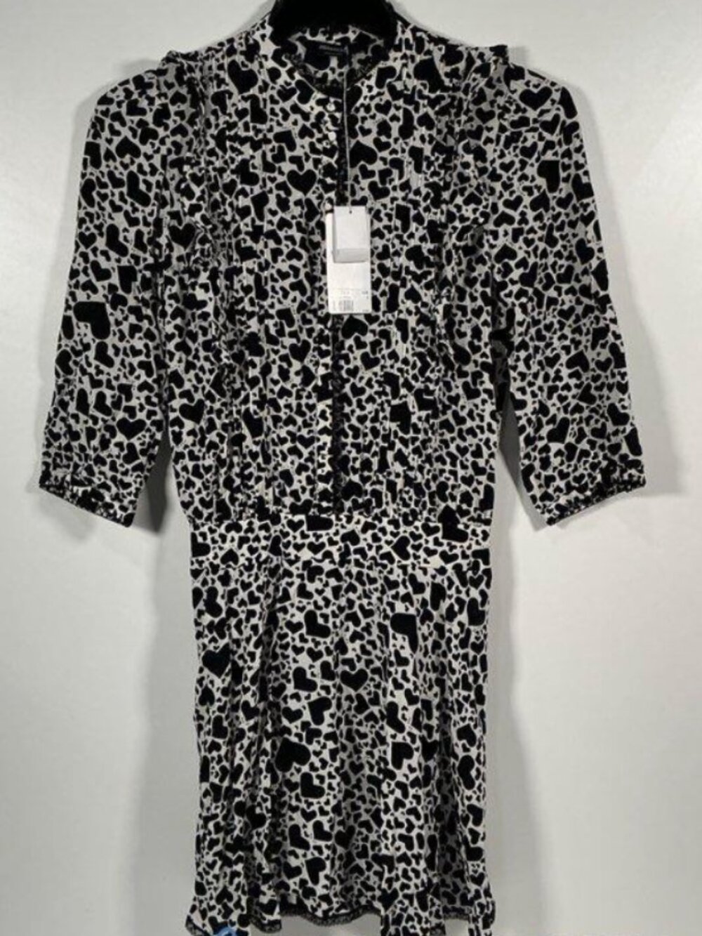 Zadig & Voltaire Black White Heart Print Satin Mini Dress S NWT